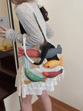Darrahopens Fashion > Women's Fashion > Women's Handbags Boho Knit Tote Bag with 3D Fish Applique – Patchwork Shoulder Bag for Women, Beach, Travel & Daily Use – Soft Fringe Design (White)