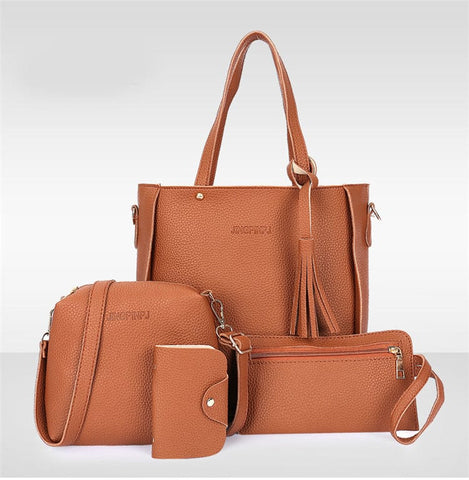 Darrahopens Fashion > Women's Fashion > Women's Handbags Brown 4-Piece Women Bag Set Lychee Grain PU Leather Large Capacity Tote Shoulder Bag Crossbody Clutch and Card Holder for Daily Travel and Work Use