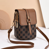 Darrahopens Fashion > Women's Fashion > Women's Handbags Brown and Black Chic Checkered Mini Crossbody Phone Purse - PU Leather Vertical Shoulder Bag with Headphone Port