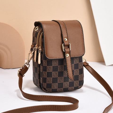 Darrahopens Fashion > Women's Fashion > Women's Handbags Brown and Black Chic Checkered Mini Crossbody Phone Purse - PU Leather Vertical Shoulder Bag with Headphone Port
