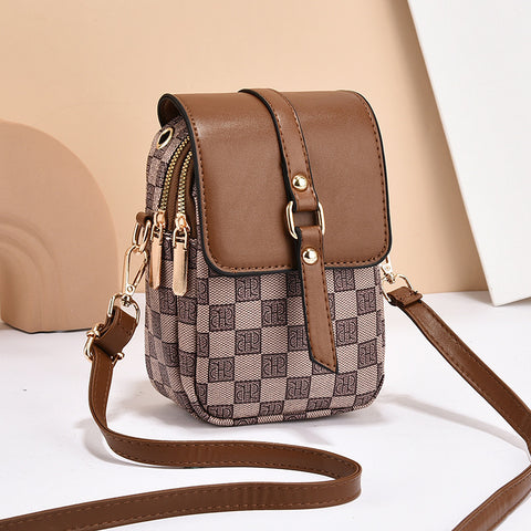 Darrahopens Fashion > Women's Fashion > Women's Handbags Brown Chic Checkered Mini Crossbody Phone Purse - PU Leather Vertical Shoulder Bag with Headphone Port