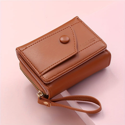 Darrahopens Fashion > Women's Fashion > Women's Handbags Brown Chic Compact Trifold Wallet for Women - PU Leather Card Holder with Zipper Coin Purse & Wristlet Strap