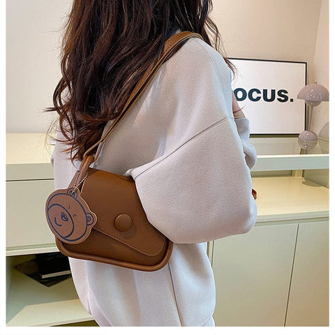 Darrahopens Fashion > Women's Fashion > Women's Handbags Brown Chic PU Leather Crossbody Bag with Cute Bear Charm - Adjustable Strap Shoulder Purse