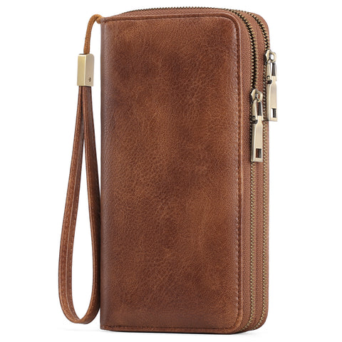 Darrahopens Fashion > Women's Fashion > Women's Handbags Brown Double Zipper Women's Wallet - Large Capacity Clutch Organizer with Wristlet Strap