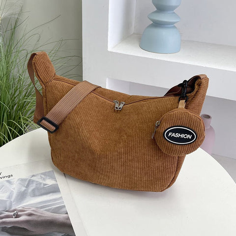 Darrahopens Fashion > Women's Fashion > Women's Handbags Brown Minimalist Corduroy Crossbody Bag – Large Capacity Single Shoulder & Diagonal Sling Bag in Korean Style