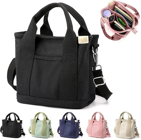 Darrahopens Fashion > Women's Fashion > Women's Handbags Canvas Handmade Tote Bag with Zipper and Compartments, Black Small Size, Multifunctional Satchel for Women, University, School, Work, and Travel