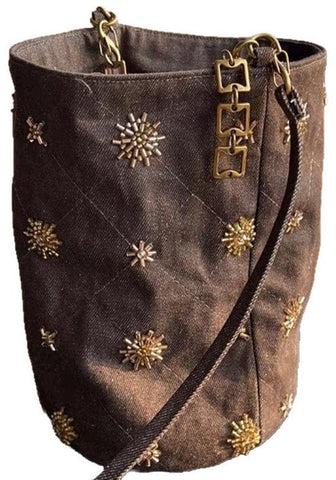 Darrahopens Fashion > Women's Fashion > Women's Handbags Checked and Embroidery Bucket Bag - Denim Shoulder Bag - Adjustable Strap & Handle - 14x21 cm