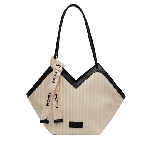 Darrahopens Fashion > Women's Fashion > Women's Handbags Chic Textured PU Leather Tote Bag with V-Cut Design & Decorative Ribbon Strap Accent(White)