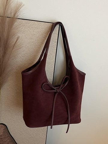 Darrahopens Fashion > Women's Fashion > Women's Handbags Claret Red Chic Retro Suede-Finish PU Leather Tote Bag - Large Capacity Shoulder Bag with Tie Accent