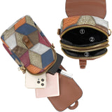 Darrahopens Fashion > Women's Fashion > Women's Handbags Color-Block Diamond Pattern PU Leather Crossbody Phone Bag – Retro Mini Wallet with Adjustable Strap & Dual Zipper Closure (Brown)
