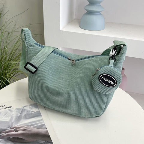 Darrahopens Fashion > Women's Fashion > Women's Handbags Green Minimalist Corduroy Crossbody Bag – Large Capacity Single Shoulder & Diagonal Sling Bag in Korean Style