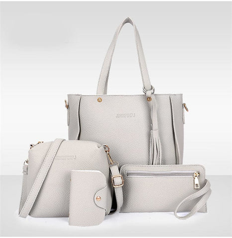 Darrahopens Fashion > Women's Fashion > Women's Handbags Grey 4-Piece Women Bag Set Lychee Grain PU Leather Large Capacity Tote Shoulder Bag Crossbody Clutch and Card Holder for Daily Travel and Work Use