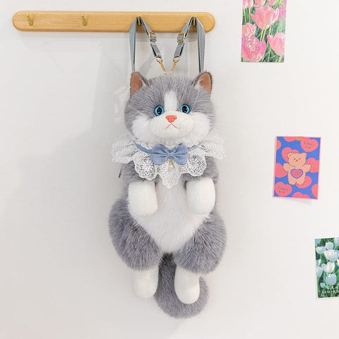 Darrahopens Fashion > Women's Fashion > Women's Handbags Grey Adorable Plush Cat Backpack - Soft Furry Doll Bag with Zipper Compartment for Girls and Women