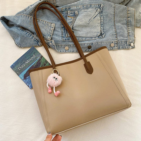 Darrahopens Fashion > Women's Fashion > Women's Handbags Khaki and Brown Chic Large Capacity Tote Bag - PU Leather Commuter Shoulder Handbag for Women