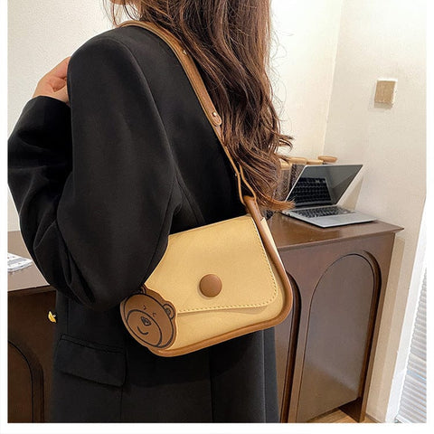 Darrahopens Fashion > Women's Fashion > Women's Handbags Khaki and Brown Chic PU Leather Crossbody Bag with Cute Bear Charm - Adjustable Strap Shoulder Purse