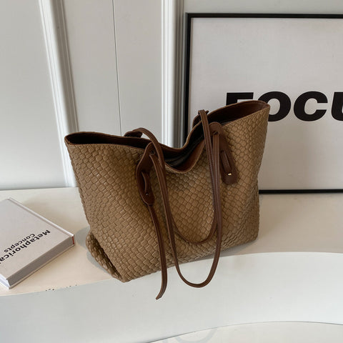 Darrahopens Fashion > Women's Fashion > Women's Handbags Khaki and Brown Chic Woven PU Leather Tote Bag - Large Capacity Casual Shoulder & Handbag for Women