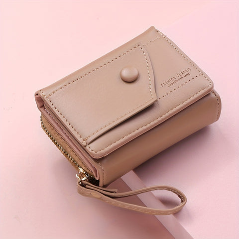 Darrahopens Fashion > Women's Fashion > Women's Handbags Khaki Chic Compact Trifold Wallet for Women - PU Leather Card Holder with Zipper Coin Purse & Wristlet Strap