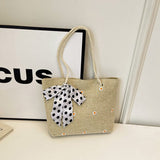 Darrahopens Fashion > Women's Fashion > Women's Handbags Khaki Women's Straw Woven Tote Bag Summer Daisy Embroidery Shoulder Handbag with Ribbon Scarf