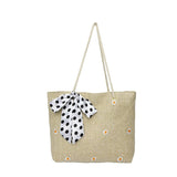 Darrahopens Fashion > Women's Fashion > Women's Handbags Khaki Women's Straw Woven Tote Bag Summer Daisy Embroidery Shoulder Handbag with Ribbon Scarf
