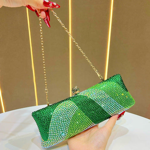Darrahopens Fashion > Women's Fashion > Women's Handbags Luxury Green Crystal Evening Clutch Bag Gradient Rhinestone Hard Case Purse with Detachable Chain for Wedding Prom Cocktail Party Fits Smartphone