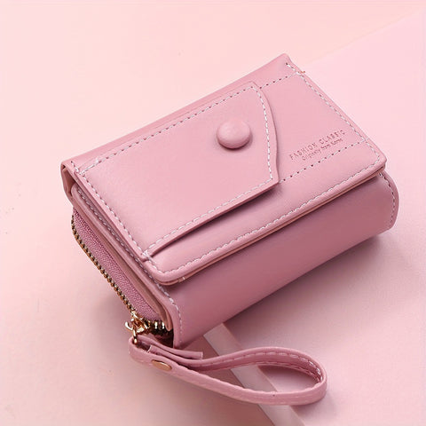 Darrahopens Fashion > Women's Fashion > Women's Handbags Pink Chic Compact Trifold Wallet for Women - PU Leather Card Holder with Zipper Coin Purse & Wristlet Strap