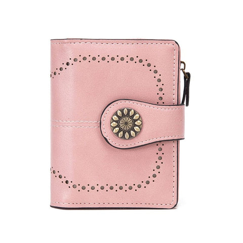 Darrahopens Fashion > Women's Fashion > Women's Handbags Pink Korean Style Cutout Compact PU Leather Wallet - Women's Mini Bifold Purses with 8 Card Slots, 2 ID Window & Coin Zip Pocket