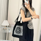 Darrahopens Fashion > Women's Fashion > Women's Handbags Printed Canvas Tote Bag - Water-Resistant, Large Capacity Shoulder Bag with Intricate Pattern(Black Cashew Flower)