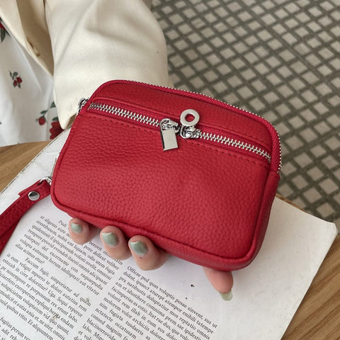 Darrahopens Fashion > Women's Fashion > Women's Handbags Red Women's Mini Genuine Leather Coin Purse Double Zipper Organiser Multi-function Wristlet Wallet
