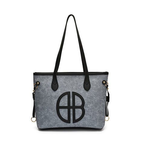 Darrahopens Fashion > Women's Fashion > Women's Handbags Stylish Large Capacity Tote Bag with PU Leather Trim & Logo Detail(Blue with black)