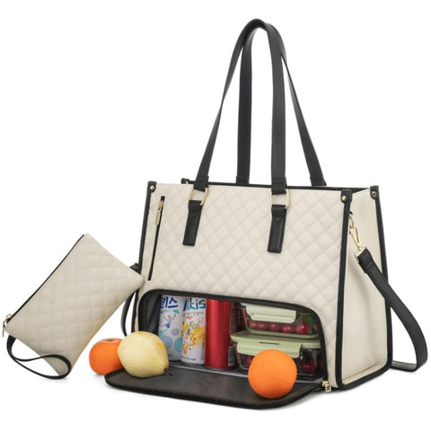 Darrahopens Fashion > Women's Fashion > Women's Handbags Stylish Quilted Laptop & Lunch Tote Bag , Water-Resistant with Insulated Compartment & Clutch(Beige)