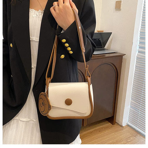 Darrahopens Fashion > Women's Fashion > Women's Handbags White and Brown Chic PU Leather Crossbody Bag with Cute Bear Charm - Adjustable Strap Shoulder Purse