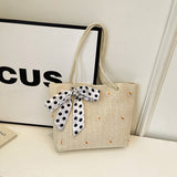Darrahopens Fashion > Women's Fashion > Women's Handbags White Women's Straw Woven Tote Bag Summer Daisy Embroidery Shoulder Handbag with Ribbon Scarf