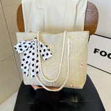 Darrahopens Fashion > Women's Fashion > Women's Handbags White Women's Straw Woven Tote Bag Summer Daisy Embroidery Shoulder Handbag with Ribbon Scarf
