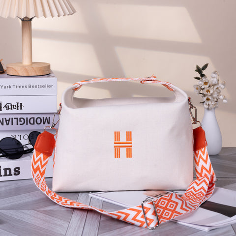 Darrahopens Fashion > Women's Fashion > Women's Handbags Women's Minimalist Canvas Crossbody Bag with Wide Orange Webbing Strap Casual Shoulder Handbag Large Capacity for Daily Use - Cream White