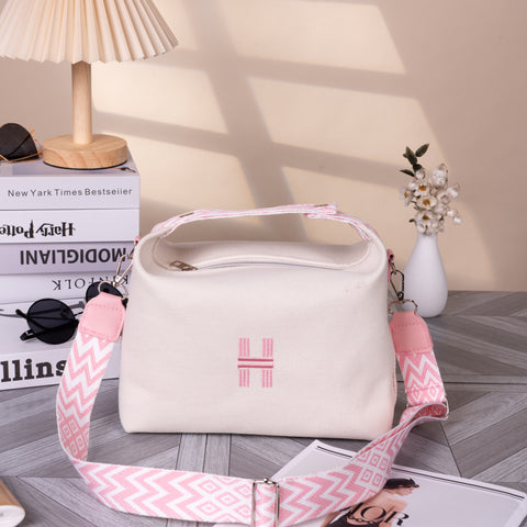 Darrahopens Fashion > Women's Fashion > Women's Handbags Women's Minimalist Canvas Crossbody Bag with Wide Pink Webbing Strap Casual Shoulder Handbag Large Capacity for Daily Use - Cream White