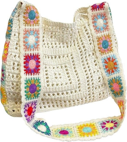 Darrahopens Fashion > Women's Fashion > Women's Handbags Women's shoulder bag - Embroidered bag - Handmade crocheted fabric bag - Colorful patterns - Perfect for shopping and holidays - White
