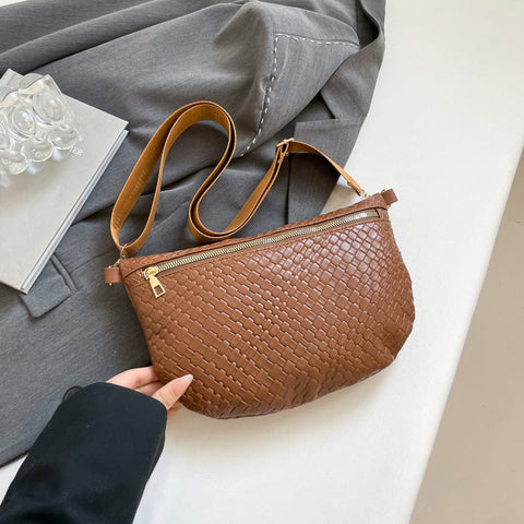 Darrahopens Fashion > Women's Fashion > Women's Handbags Women's Woven Crossbody Dumpling Bag Soft Vegan Leather Chest Waist Pack with Wide Adjustable Strap for Travel & Festivals (Brown)