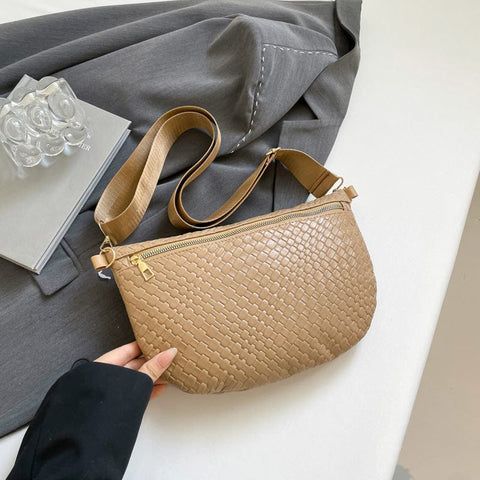 Darrahopens Fashion > Women's Fashion > Women's Handbags Women's Woven Crossbody Dumpling Bag Soft Vegan Leather Chest Waist Pack with Wide Adjustable Strap for Travel & Festivals (Khaki)