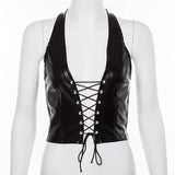 Darrahopens Fashion > Women's Fashion > Women's Intimates Women's Faux Leather Halter Crop Top Sexy Lace Up Deep V Camisole Gothic Punk Rave Festival Clubwear (Black, Size M)
