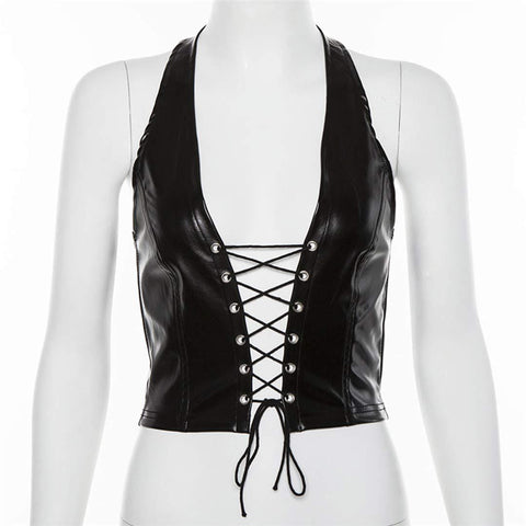 Darrahopens Fashion > Women's Fashion > Women's Intimates Women's Faux Leather Halter Crop Top Sexy Lace Up Deep V Camisole Gothic Punk Rave Festival Clubwear (Black, Size M)