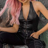 Darrahopens Fashion > Women's Fashion > Women's Intimates Women's Faux Leather Halter Crop Top Sexy Lace Up Deep V Camisole Gothic Punk Rave Festival Clubwear (Black, Size M)