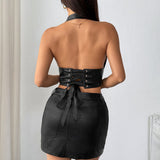 Darrahopens Fashion > Women's Fashion > Women's Intimates Womens Sexy PU Leather Halter Crop Top Deep V Neck Backless Faux Leather Vest Button Front Pointed Hem Clubwear Black L