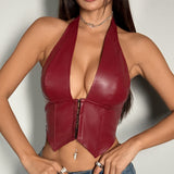 Darrahopens Fashion > Women's Fashion > Women's Intimates Womens Sexy PU Leather Halter Crop Top Deep V Neck Backless Faux Leather Vest Button Front Pointed Hem Clubwear Brown S