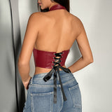 Darrahopens Fashion > Women's Fashion > Women's Intimates Womens Sexy PU Leather Halter Crop Top Deep V Neck Backless Faux Leather Vest Button Front Pointed Hem Clubwear Brown XS