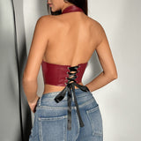 Darrahopens Fashion > Women's Fashion > Women's Intimates Womens Sexy PU Leather Halter Crop Top Deep V Neck Backless Faux Leather Vest Button Front Pointed Hem Clubwear Burgundy S