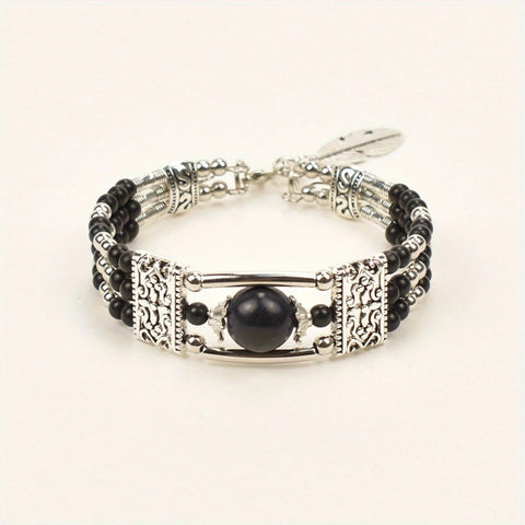 Darrahopens Fashion > Women's Fashion > Women's Jewellery 2pcs Ethnic-style Vintage Open Bracelet, Turquoise Beads with Silver Carved Accents, Bohemian Exotic Charm, a Personalized Accessory for Daily and Travel Wear.black