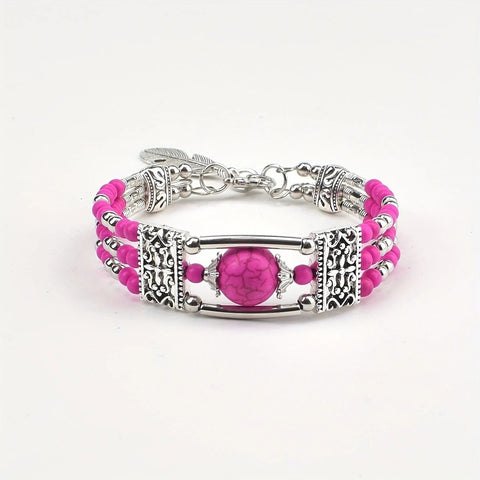 Darrahopens Fashion > Women's Fashion > Women's Jewellery 2pcs Ethnic-style Vintage Open Bracelet, Turquoise Beads with Silver Carved Accents, Bohemian Exotic Charm, a Personalized Accessory for Daily and Travel Wear.Rose