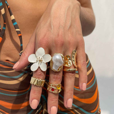 Darrahopens Fashion > Women's Fashion > Women's Jewellery 6-Piece Gold Stackable Ring Set with White Enamel Flower and Baroque Pearl, Adjustable Women's Jewelry