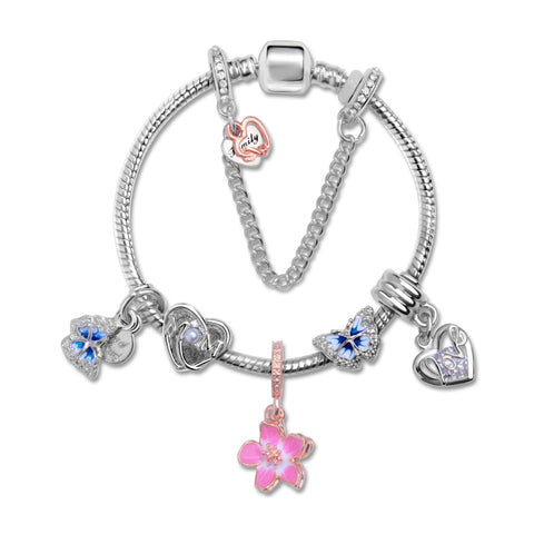 Darrahopens Fashion > Women's Fashion > Women's Jewellery Blue Butterfly Glass Bead & Pink Flower Pendant Charm Bracelet(18cm)