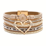 Darrahopens Fashion > Women's Fashion > Women's Jewellery Bohemian Braided Leather Bracelet, Multi-layer Design with Metal and Crystal Accents, Rose Gold Square Clasp with Heart Crystal, Embodying Casual Romantic Exotic Charm.(black)